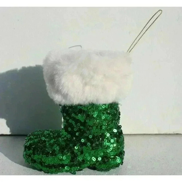Sparkling / Furry Santa Claus Green Boot Hanging Christmas Tree Ornament - Picture 2 of 2